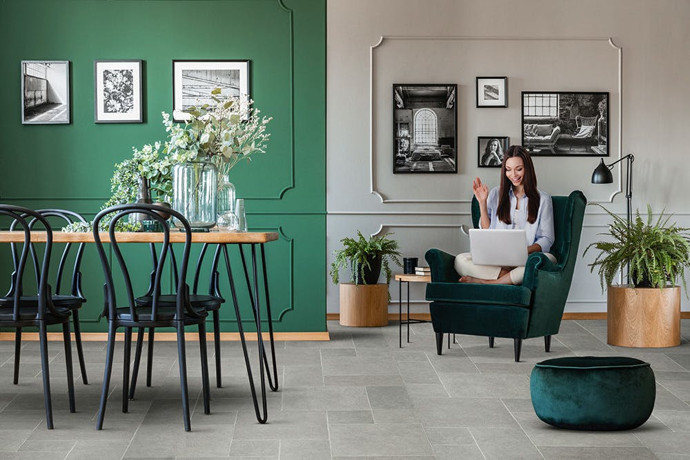 browsing the web whilst sitting in dining room with Vinyl flooring